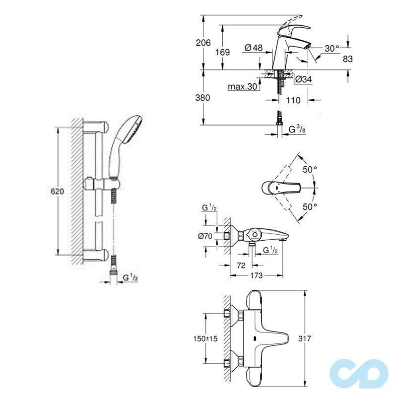 креслення Набір змішувачів для ванни Grohe Eurosmart 34101TM