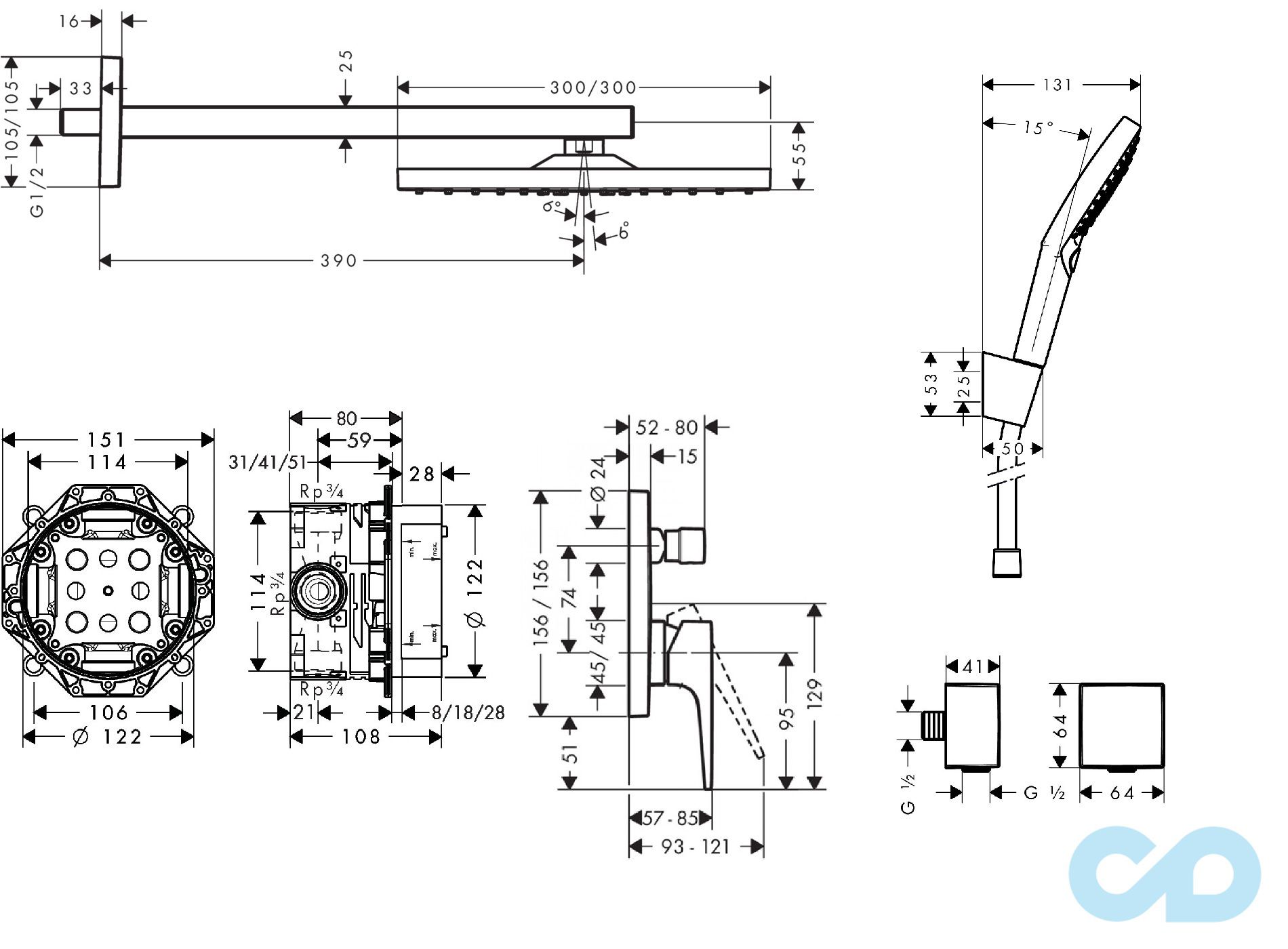 креслення Душова система прихованого монтажу Hansgrohe Raindance 23815000