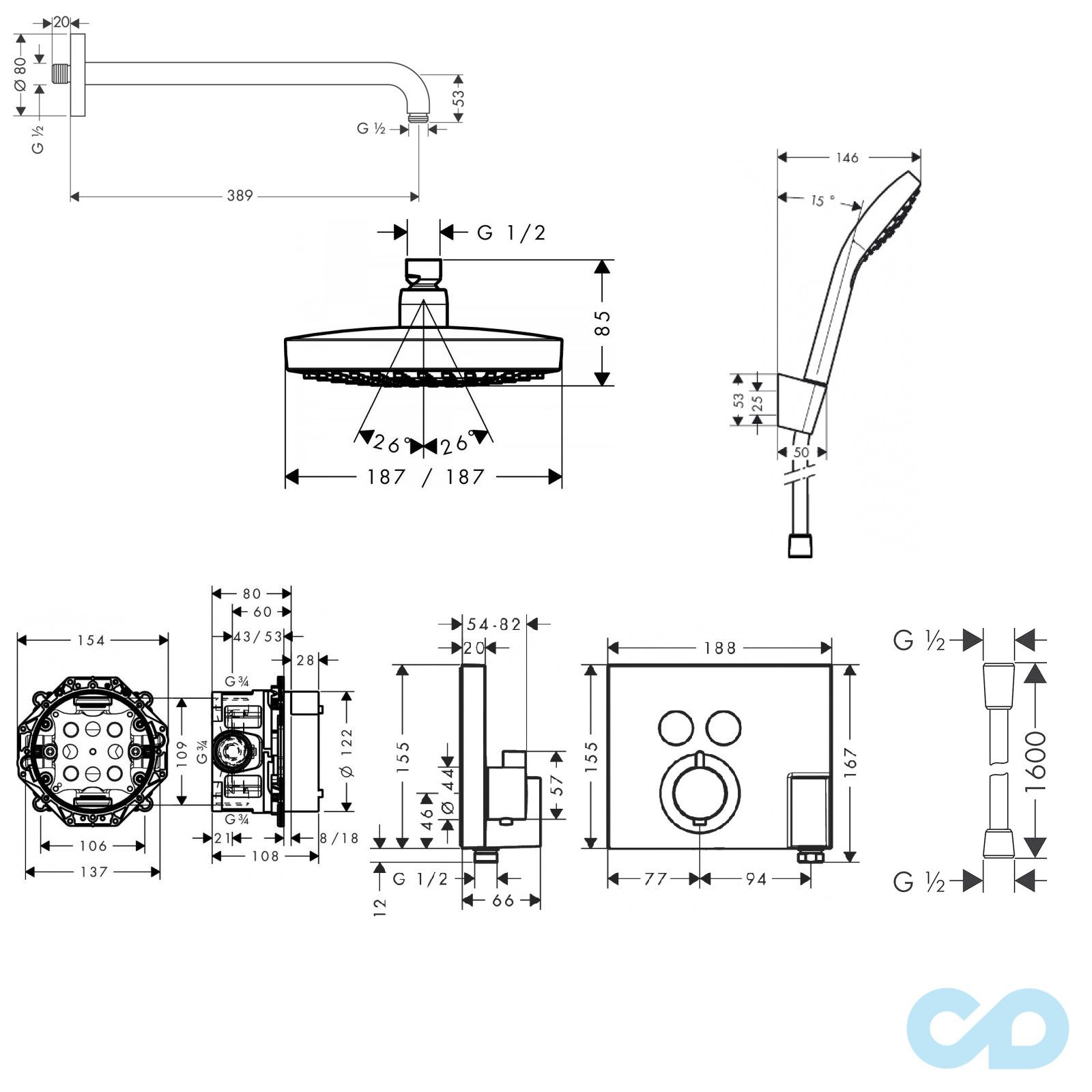 креслення Душова система прихованого монтажу Hansgrohe ShowerSelect 15765111