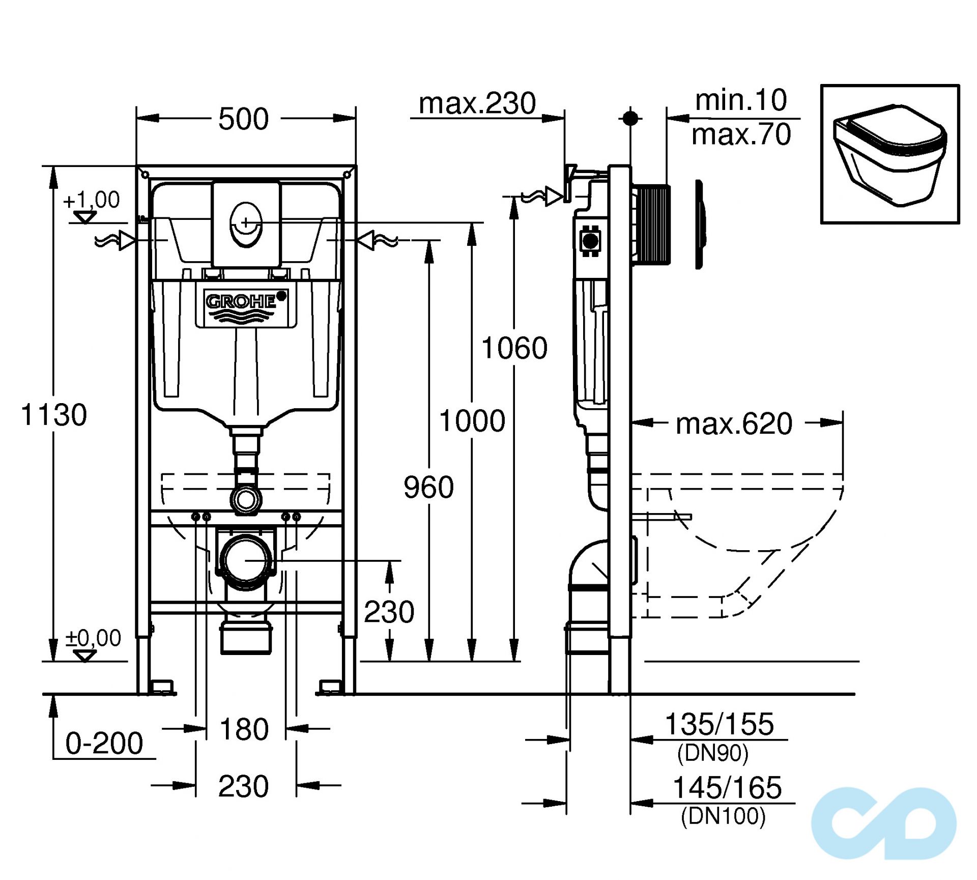 технічна схема Інсталяція Grohe Rapid SL з унітазом підвісним Roca Volta A34HV18000