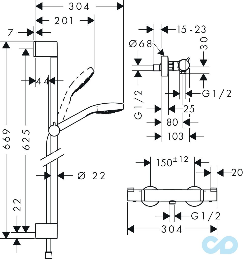 креслення Душовий комплект Hansgrohe Croma Select S 27013400