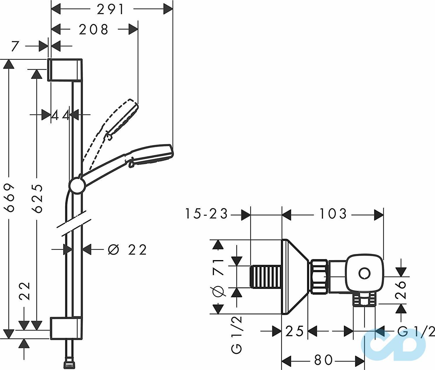 креслення Душовий набір Hansgrohe Crometta 100 Vario Combi 27030400