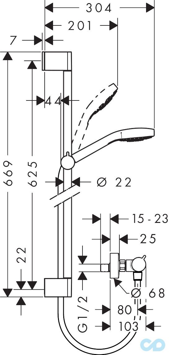 креслення Душовий комплект Hansgrohe Croma Select E з термостатом Ecostat Comfort 27081400