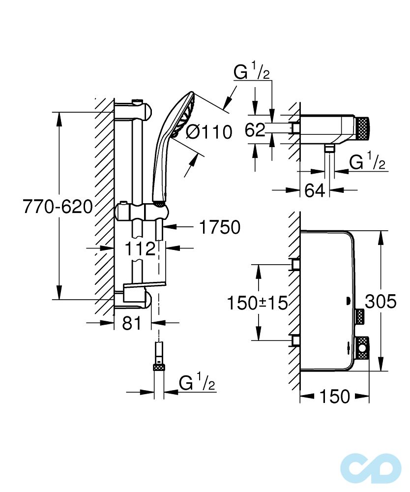 креслення Термостат для душу з душовим гарнітуром Grohe Grohtherm SmartControl 34721000
