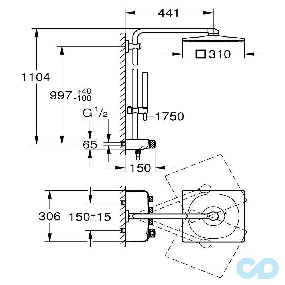 креслення Душова система Grohe Euphoria SmartControl System 310 Cube Duo з термостатом 26508000