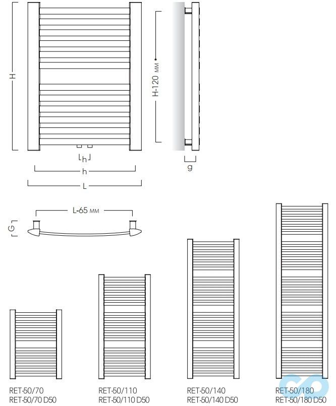 креслення Полотенцесушитель електричний Instal Projekt Retto RET-50/140C12 + HOTS-06C2