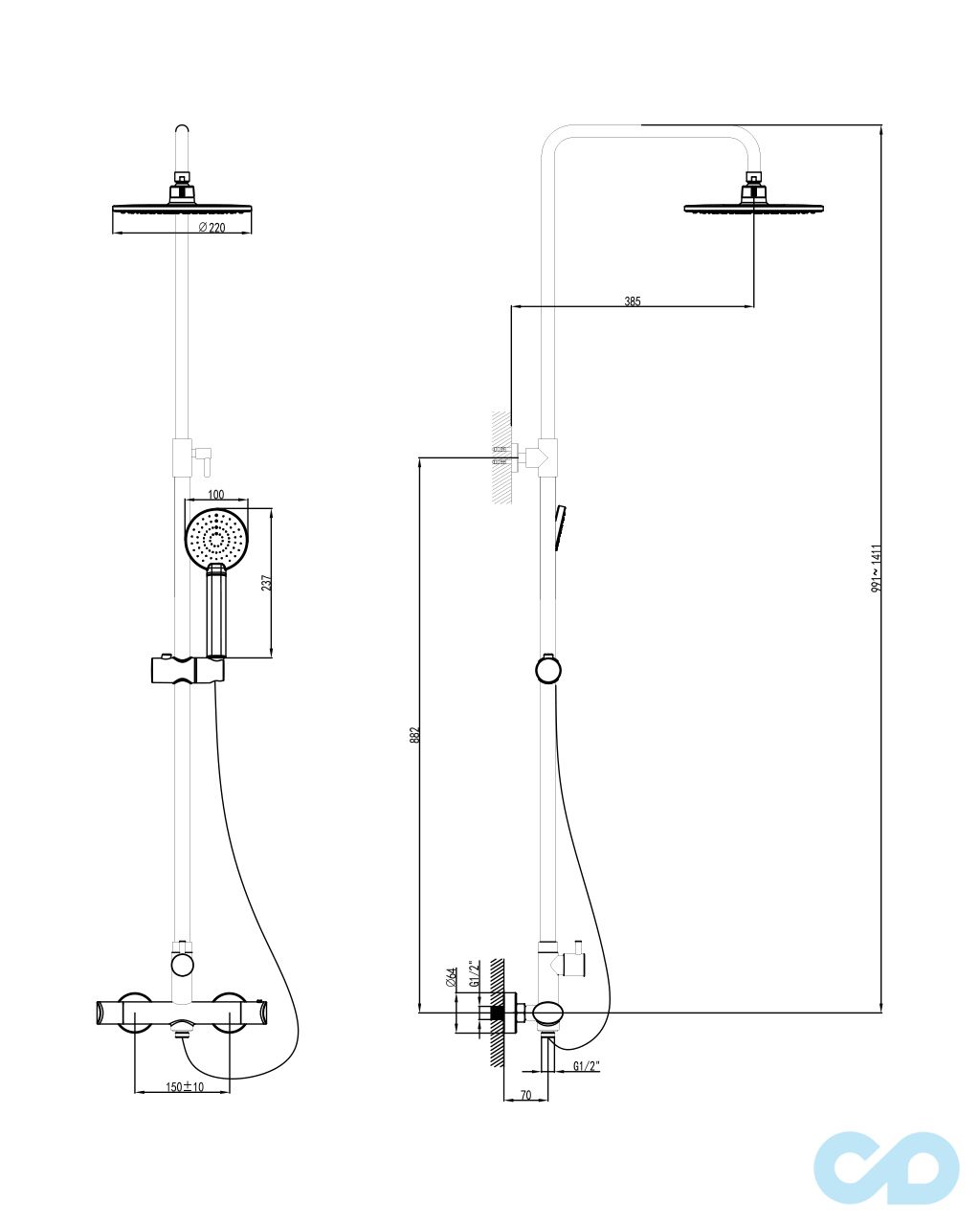 креслення Душова система з термостатом Imprese Centrum Т-15420