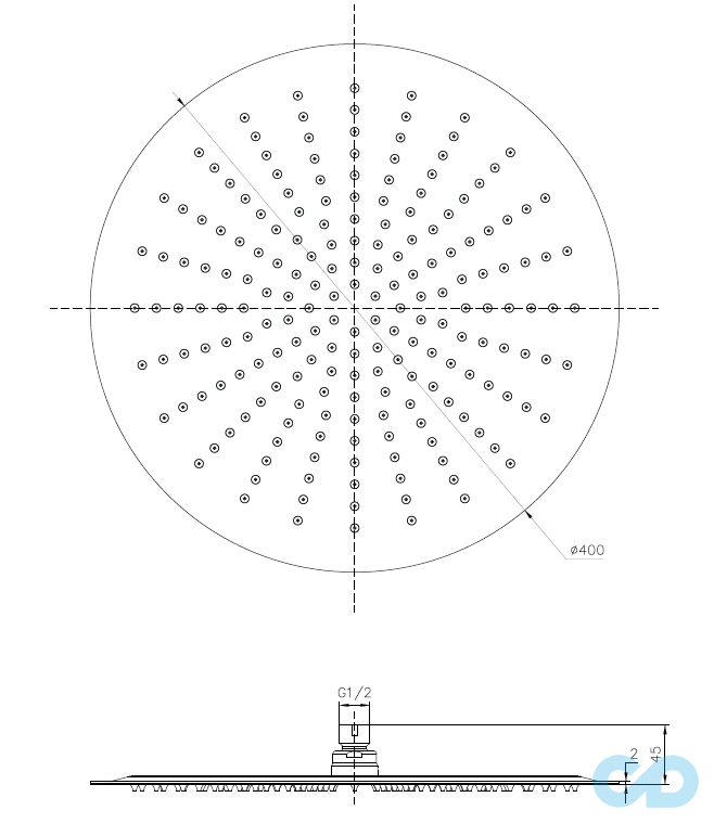 креслення Верхній душ Imprese 400 мм S400SS2