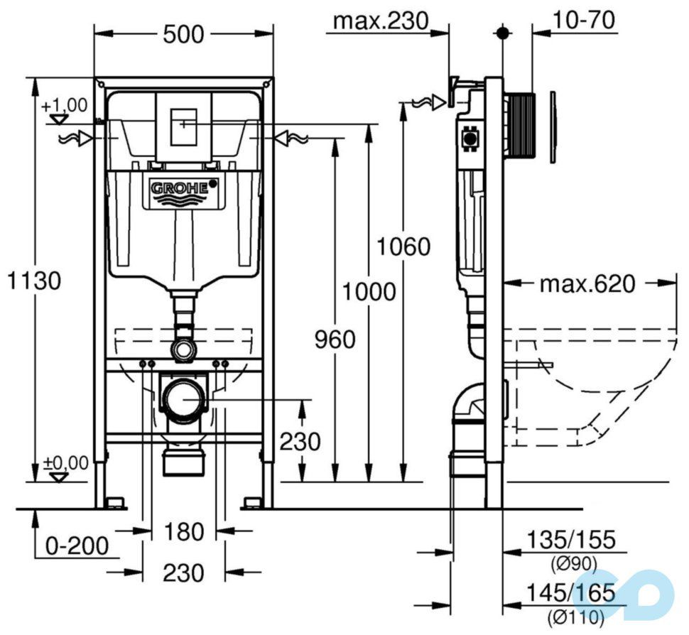 чертеж Инсталляция Grohe Rapid SL с унитазом Kolo Idol M1310002U