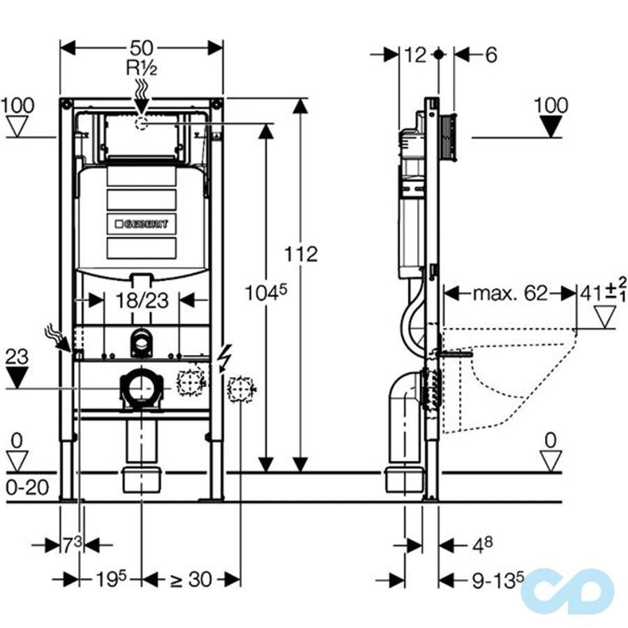 техническая схема Инсталляция Geberit Duofix с унитазом Simas Vignoni VI18, F85, VI004