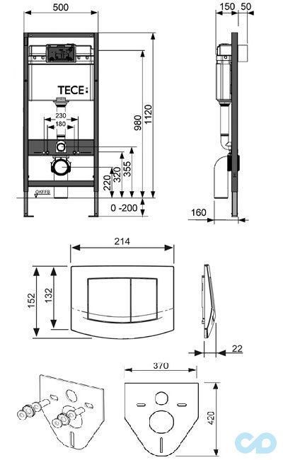 техническая схема Инсталляция TECE base 4 в 1 с  унитазом Roca Gap Clean Rim А34647L000