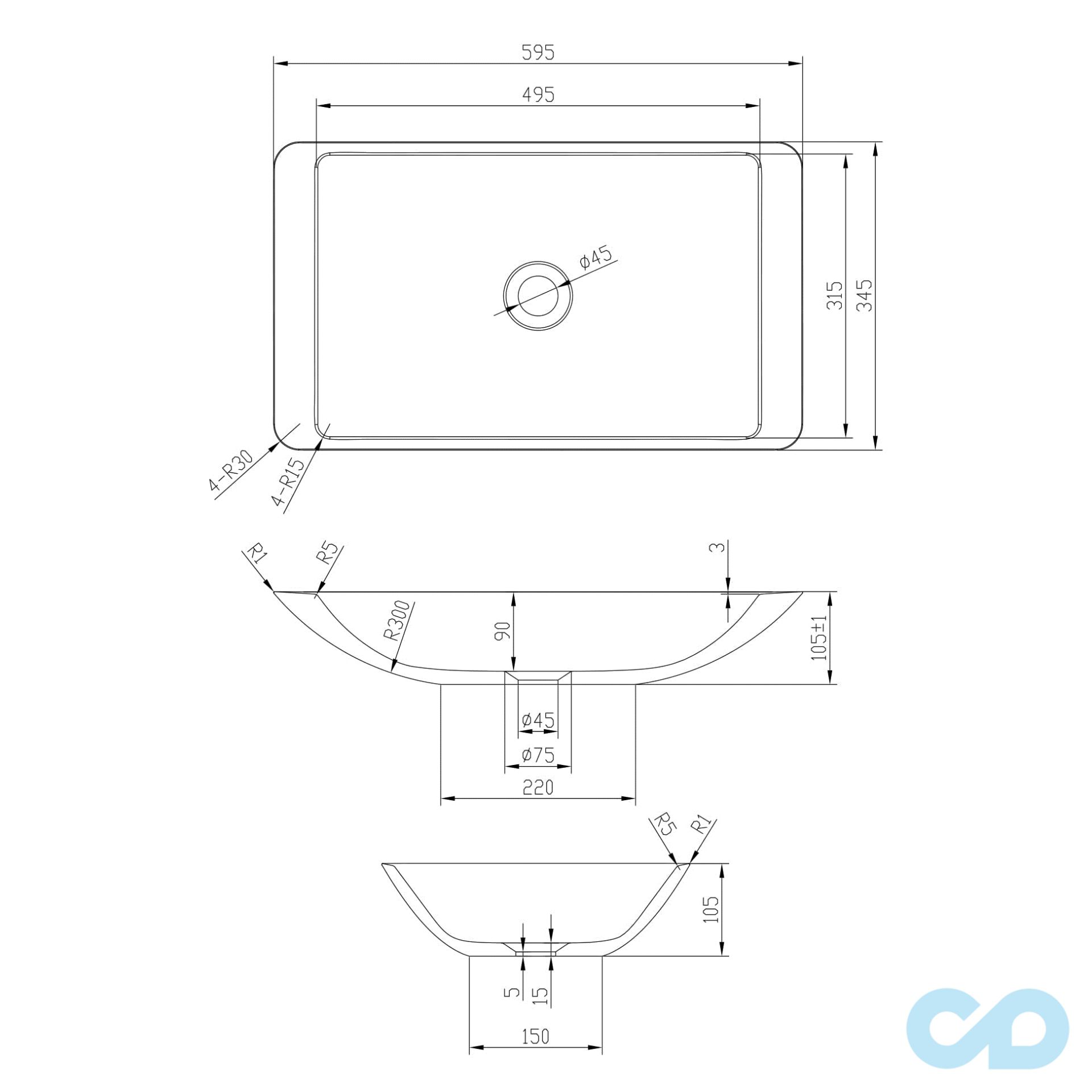 креслення Накладна раковина Volle 13-40-859