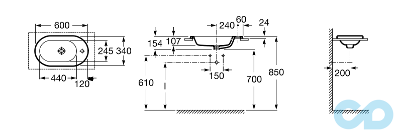 креслення Раковина Roca Meridian A32724E000