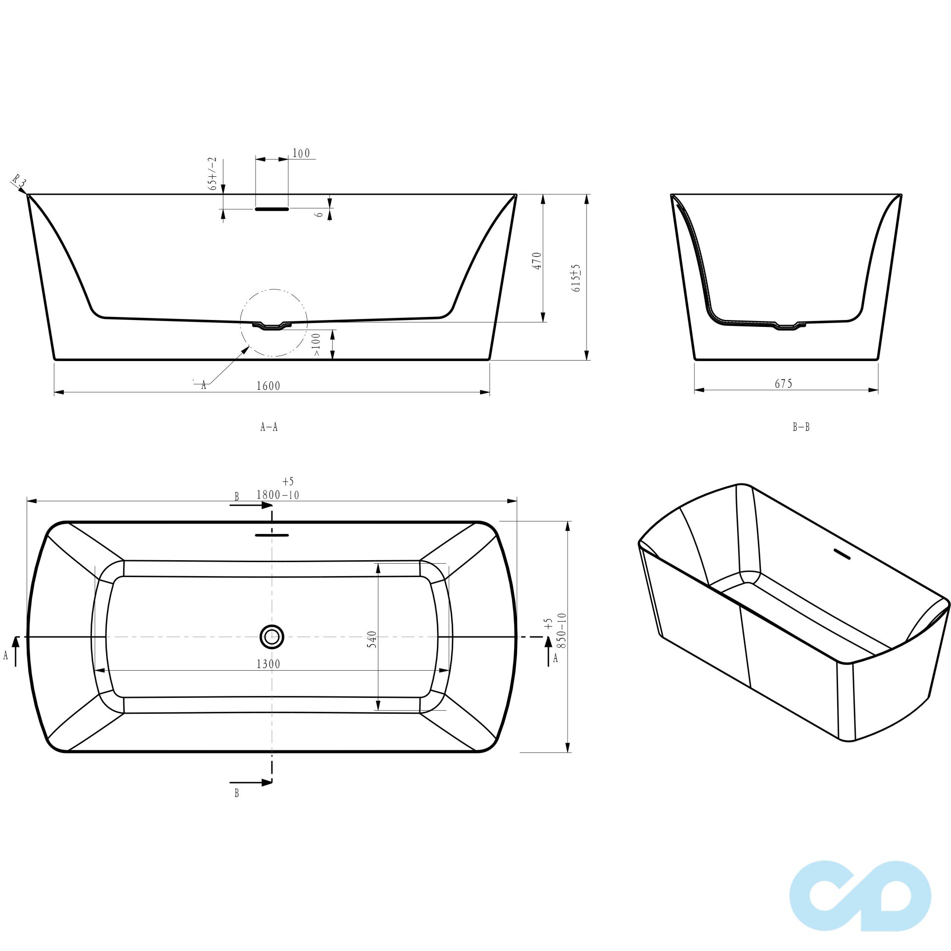 чертеж Ванна отдельностоящая Volle 180 x 85 12-22-804