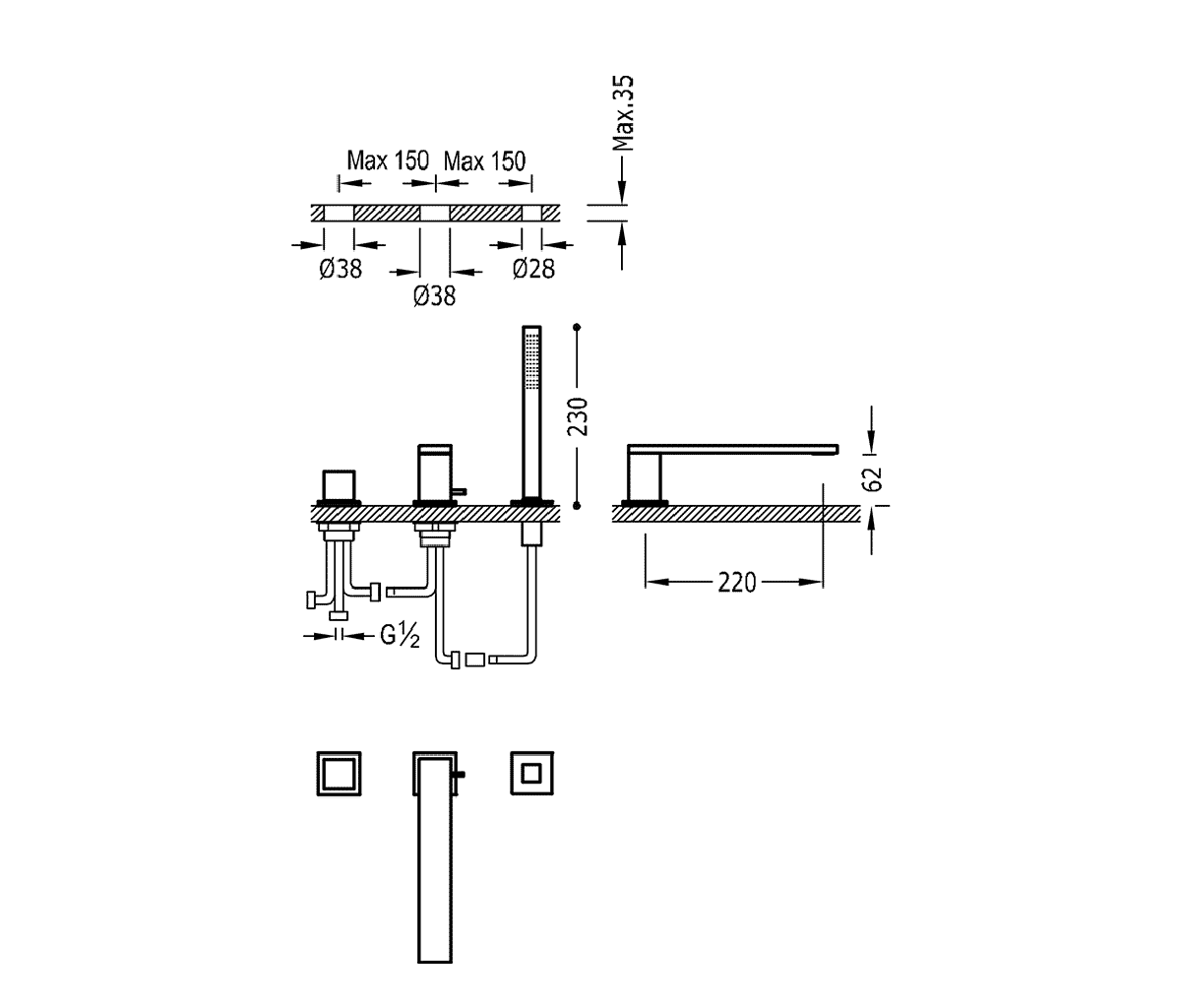 розмір змішувач для ванни tres cuadro 00616104