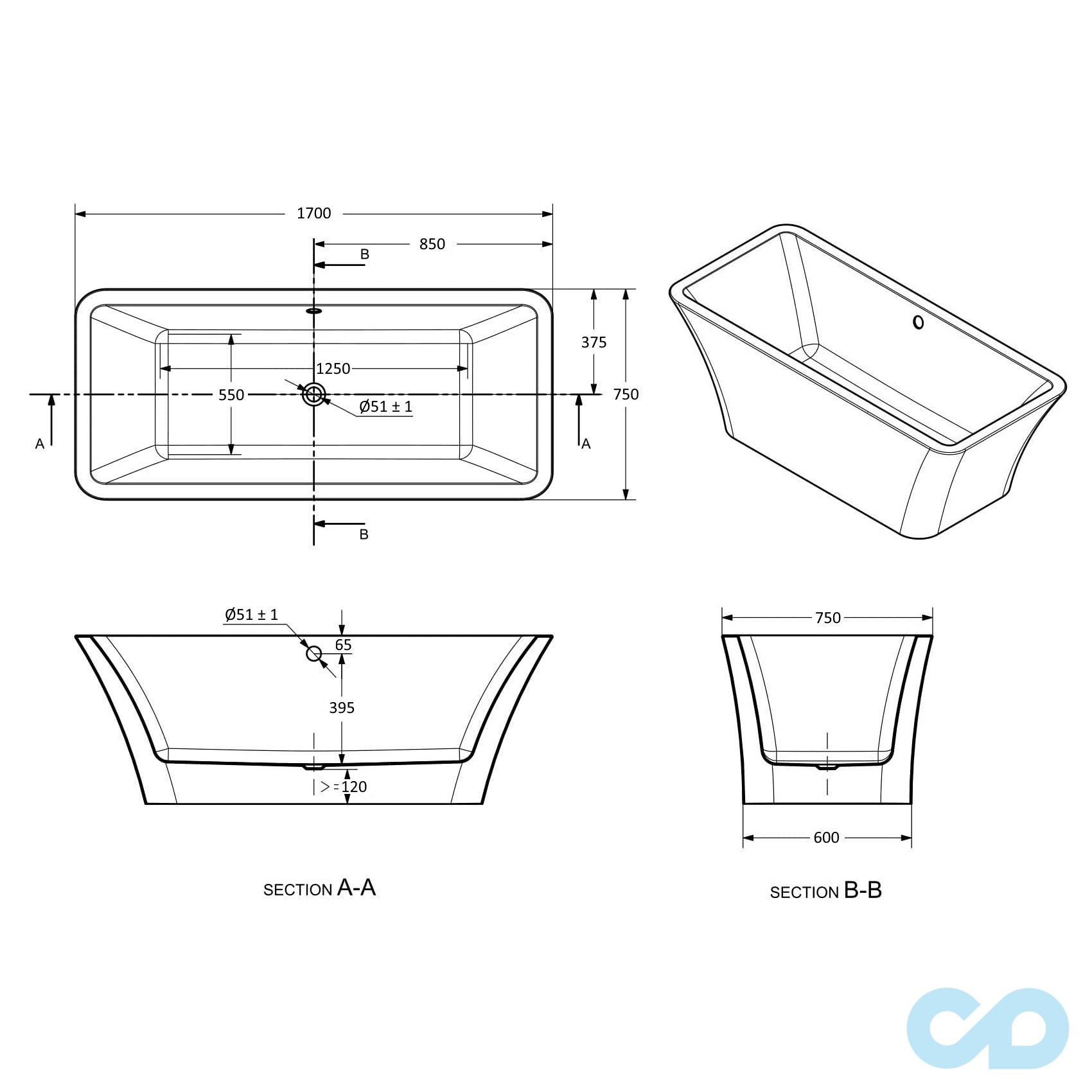 креслення Ванна отдельностоящая Volle 12-22-348