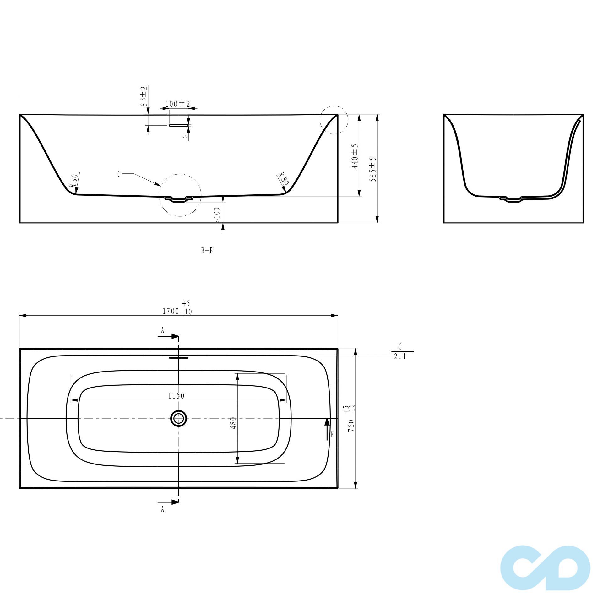 креслення Ванна отдельностоящая Volle 12-22-858