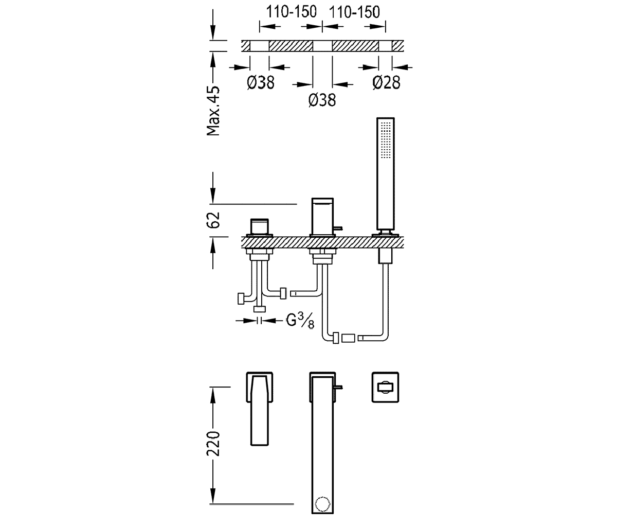 розмір змішувач для ванни tres slim exclusive 20216101