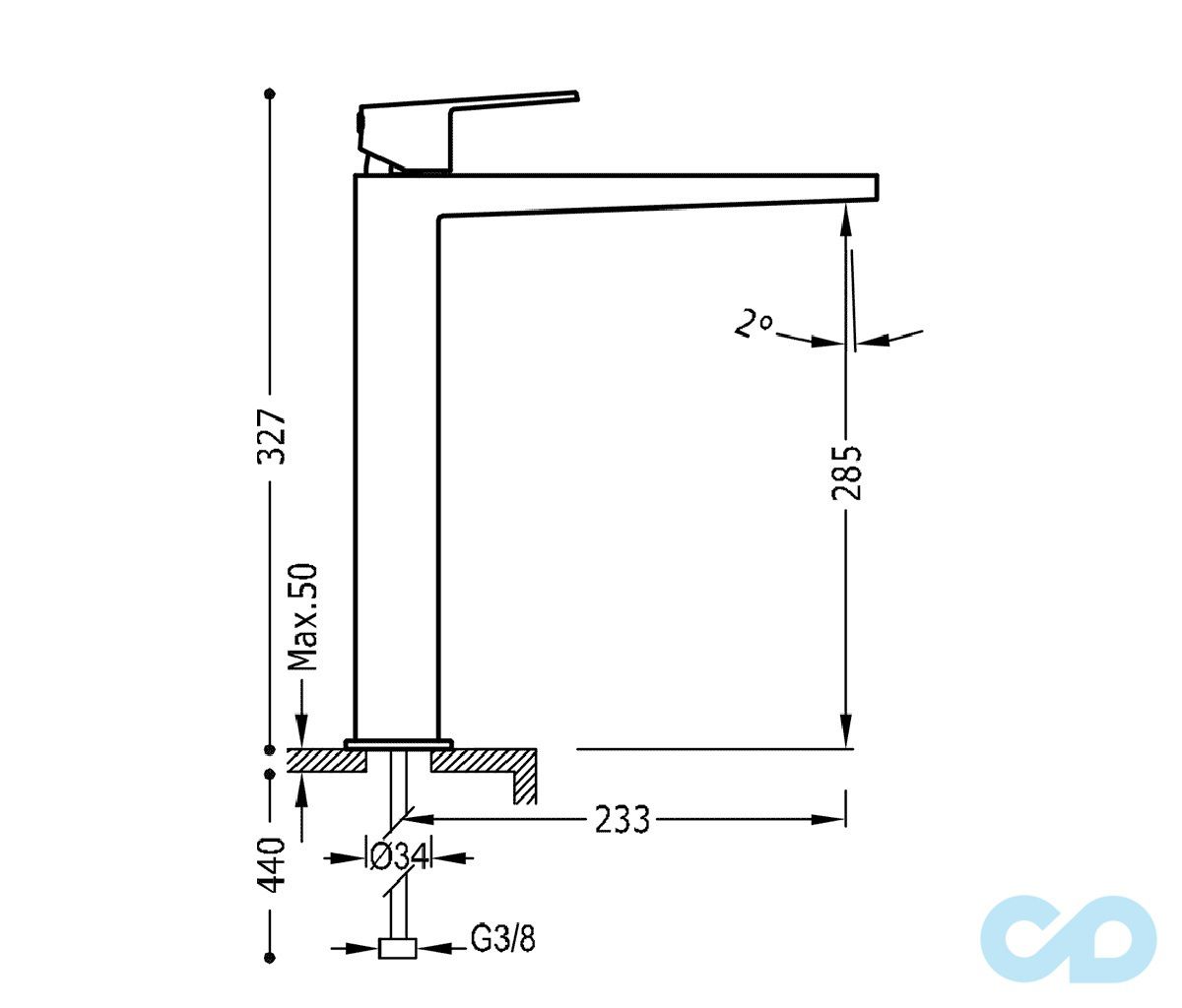 чертеж Высокий смеситель для раковины Tres Project 21180301NMD