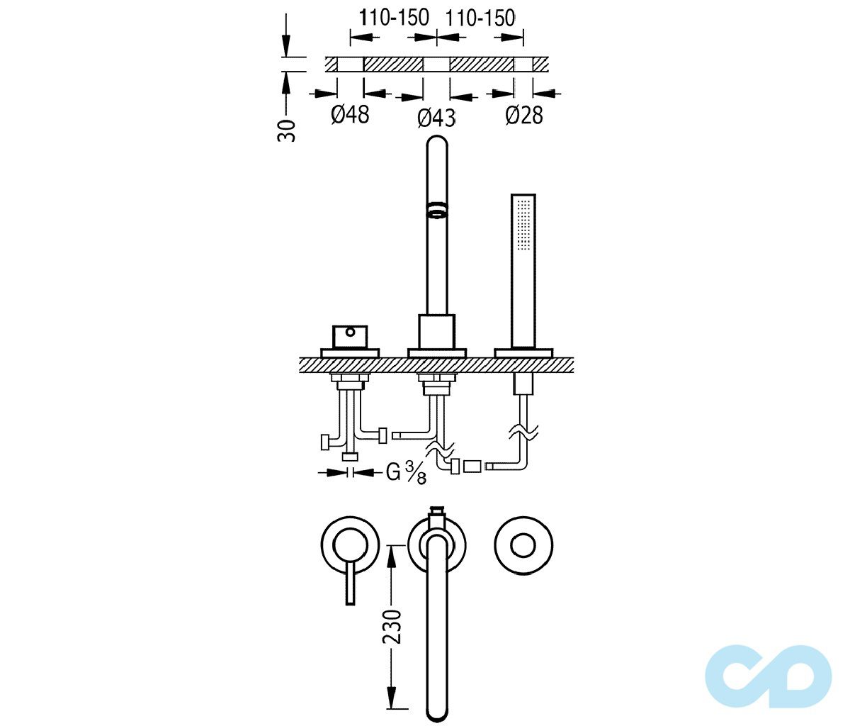 розмір змішувач для ванни tres study 26215001