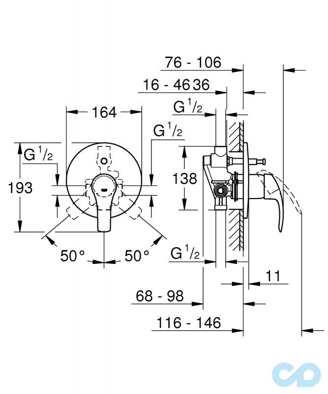 креслення Душова система прихованого монтажу Grohe Eurosmart New 2600006S