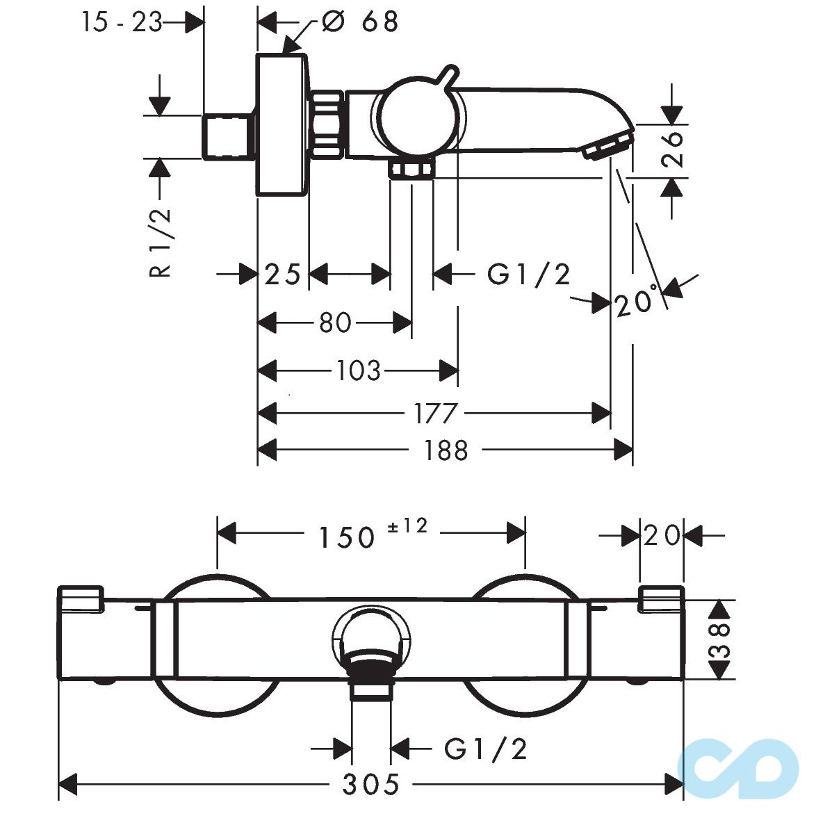 креслення Термостат для ванни з душовим гарнітуром Hansgrohe Ecostat Comfort 13114000 + 27668000