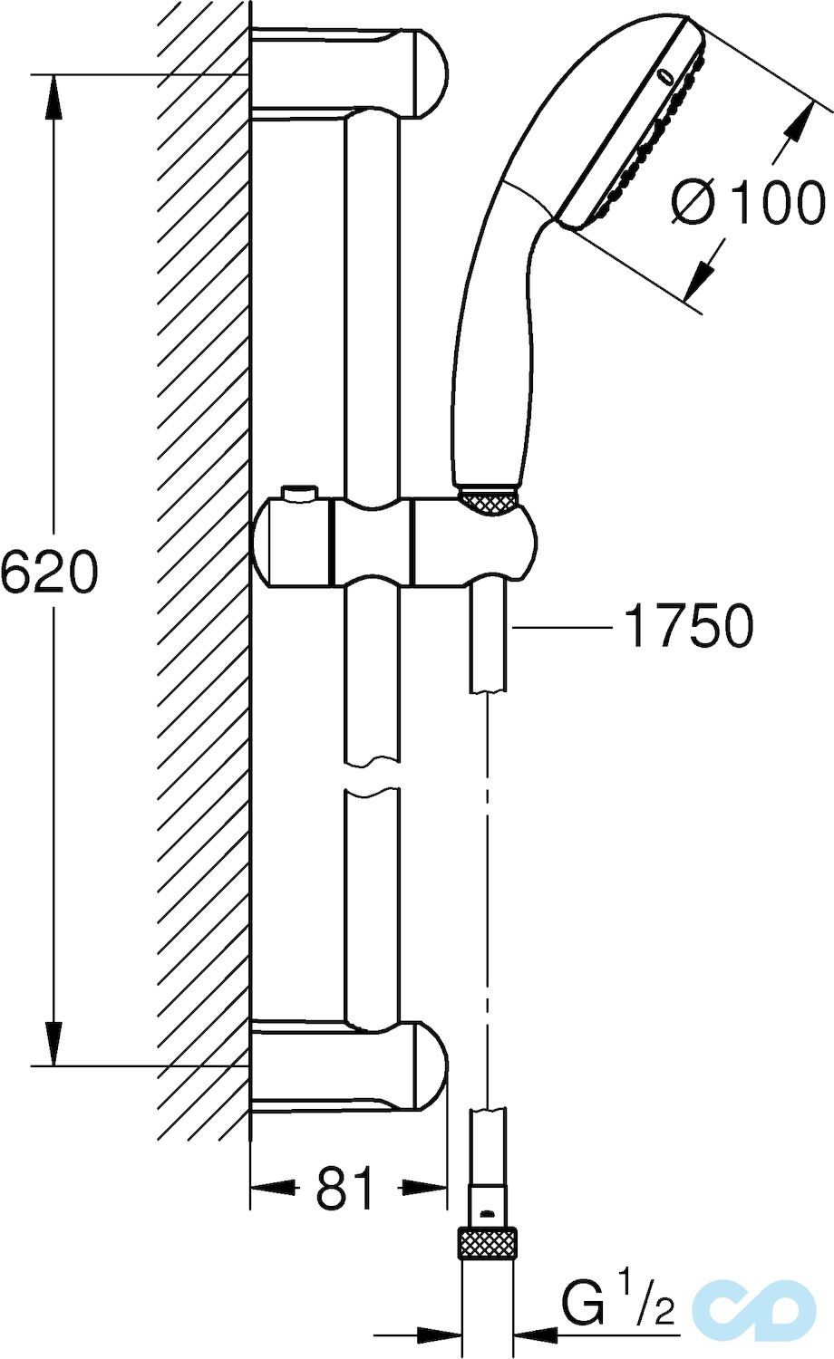 технічна схема Термостат для ванни з душовим гарнітуром Hansgrohe Ecostat Comfort 13114000 + 27853001