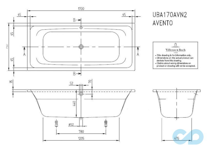 креслення Ванна акрилова Villeroy & Boch Avento 1700x750 UBA170AVN2V-01
