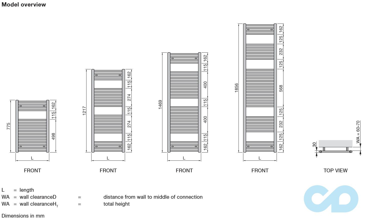чертеж Электрический полотенцесушитель Zehnder Aura 1226 x 500 750W PBEZ-120-50/MQ