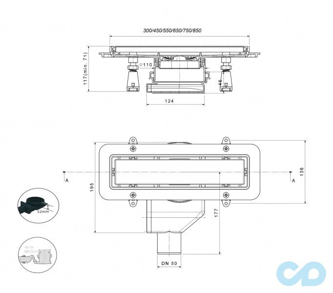 креслення дренажний канал Pestan Confluo Premium Line 650 мм 13100085