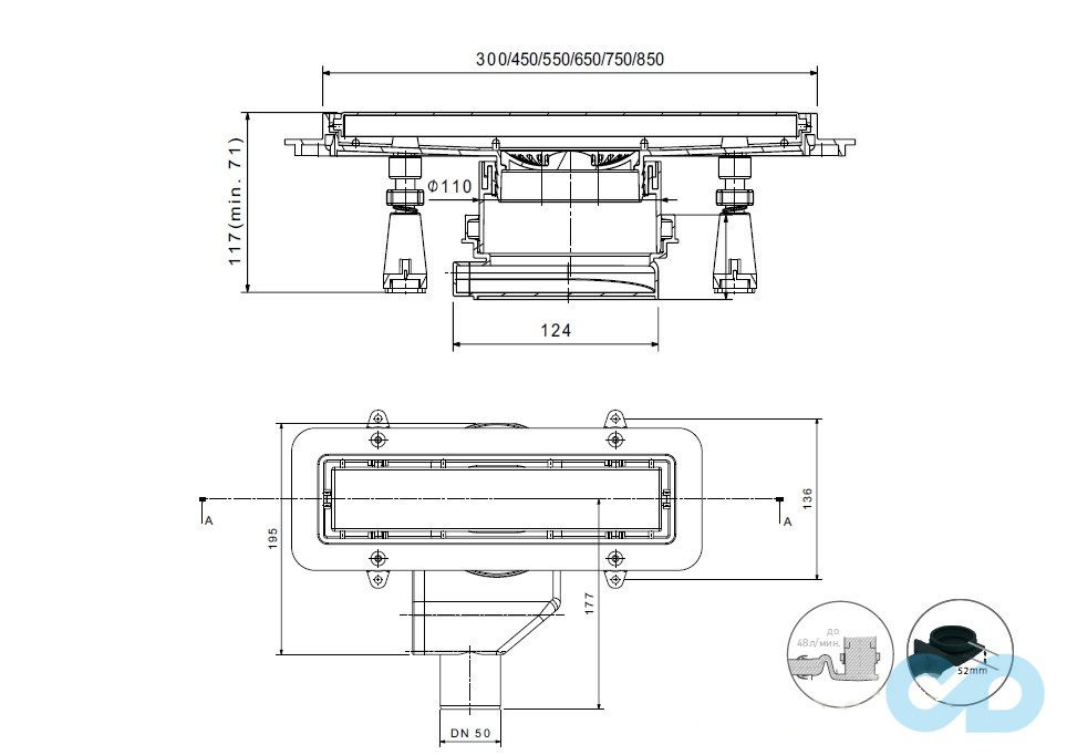 креслення дренажний канал Pestan Confluo Premium Gold Line 650 мм 13100053
