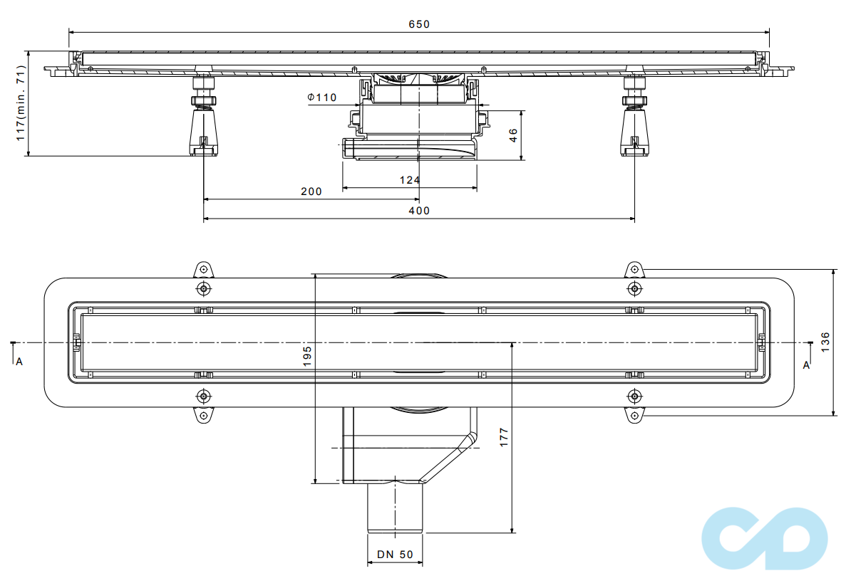 креслення дренажний канал Pestan Confluo Premium White Glass Gold Line 650 мм 13100091