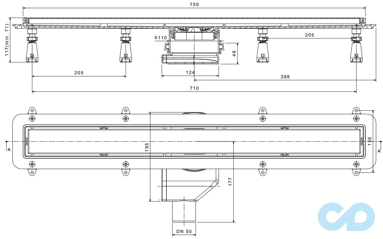 креслення дренажний канал Pestan Confluo Premium White Glass Gold Line 750 мм 13100092