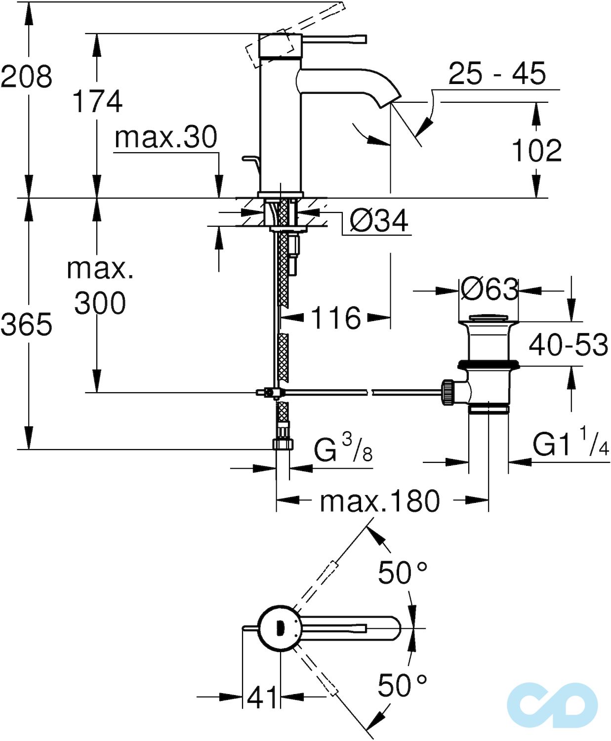 креслення Змішувач для раковини Grohe Essence 23589GN1