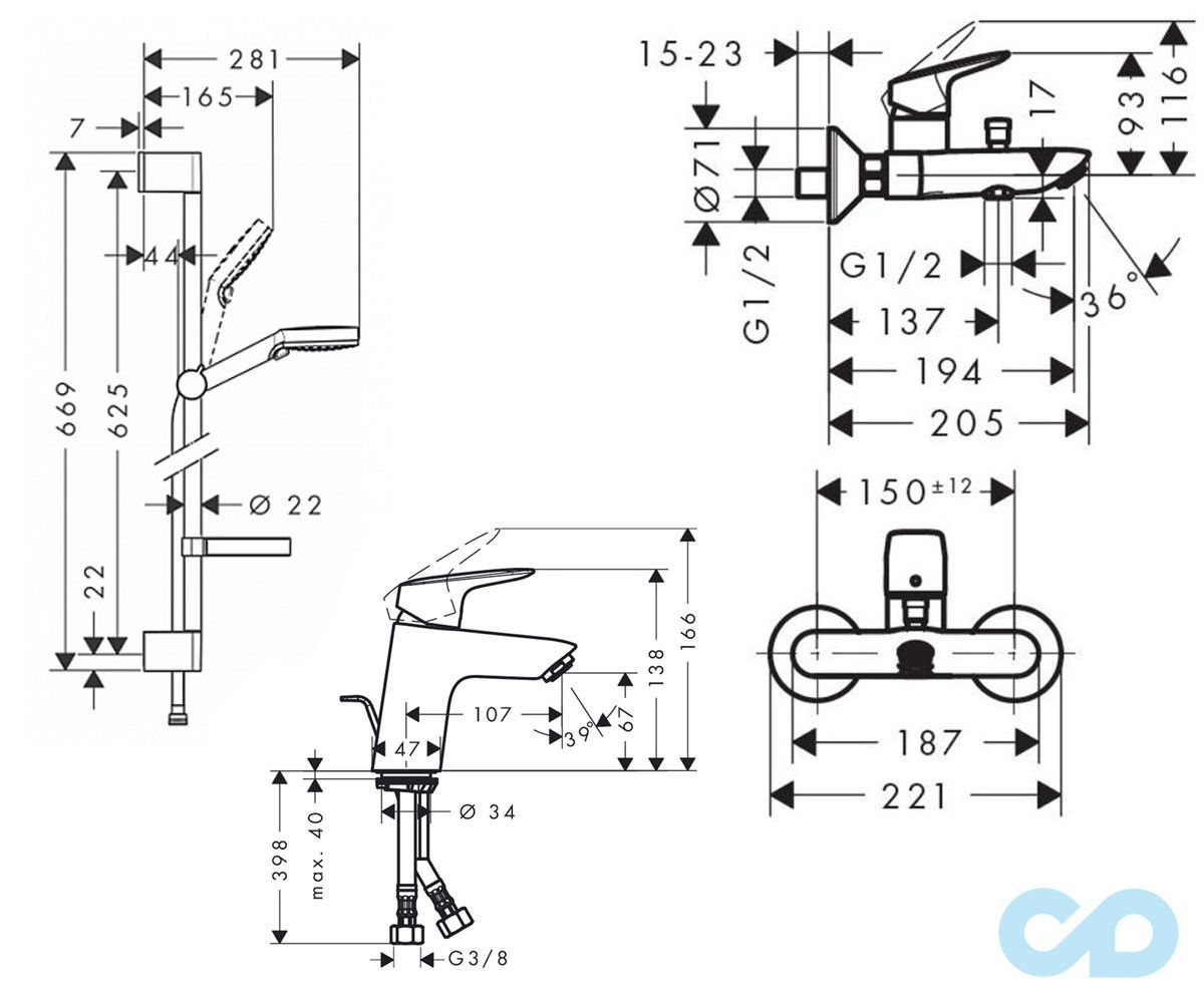 креслення Набір змішувачів для ванни Hansgrohe Logis 20180001
