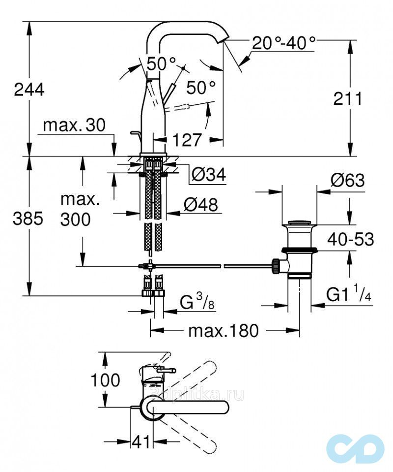 креслення Змішувач для раковини Grohe Essence 32628DA1