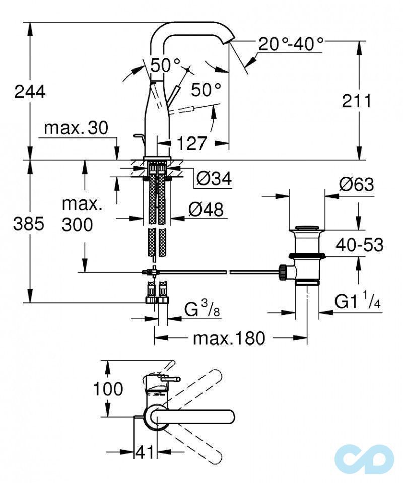 креслення Змішувач для раковини Grohe Essence 32628A01
