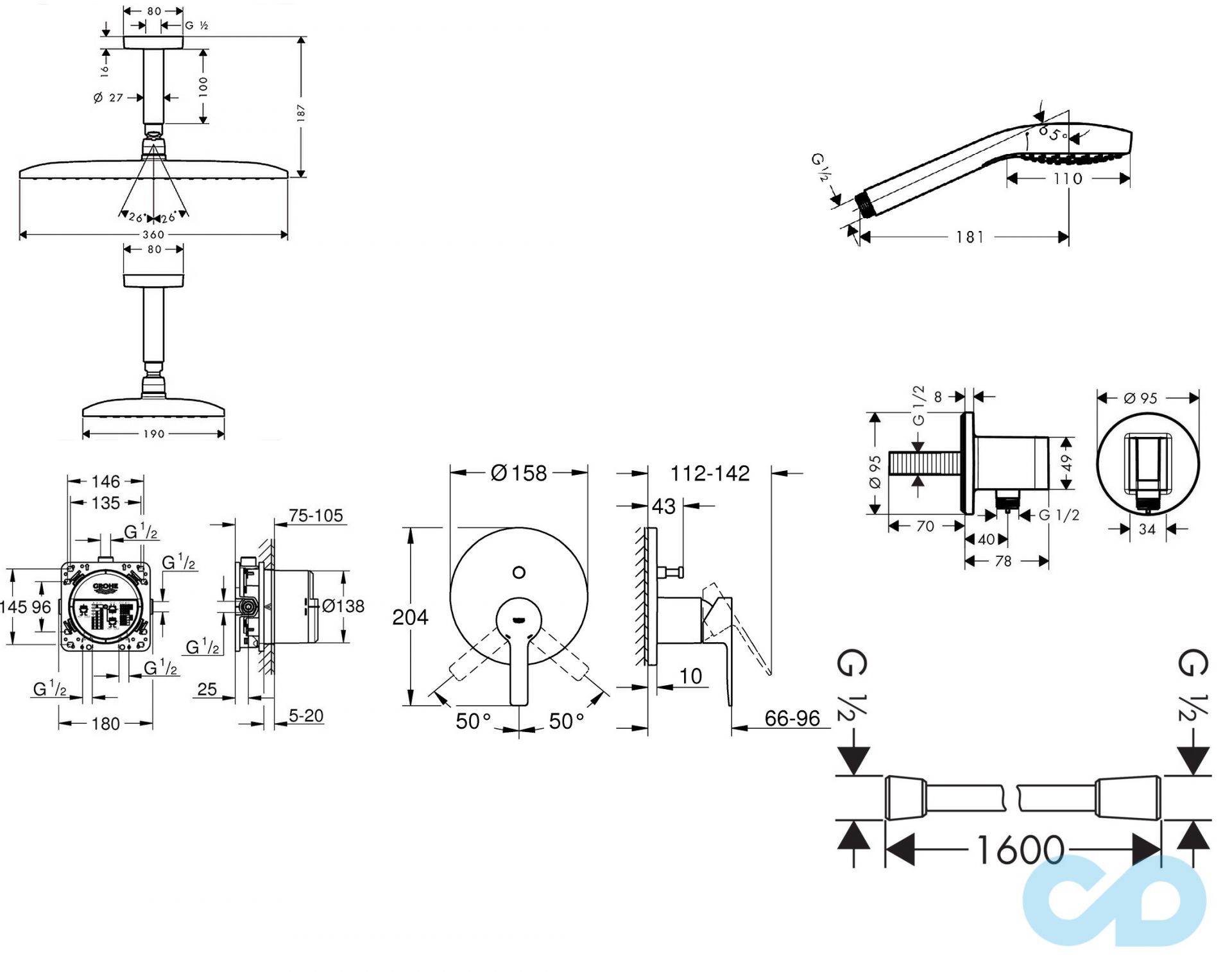 креслення Душова система прихованого монтажу Grohe Lineare 2606400S