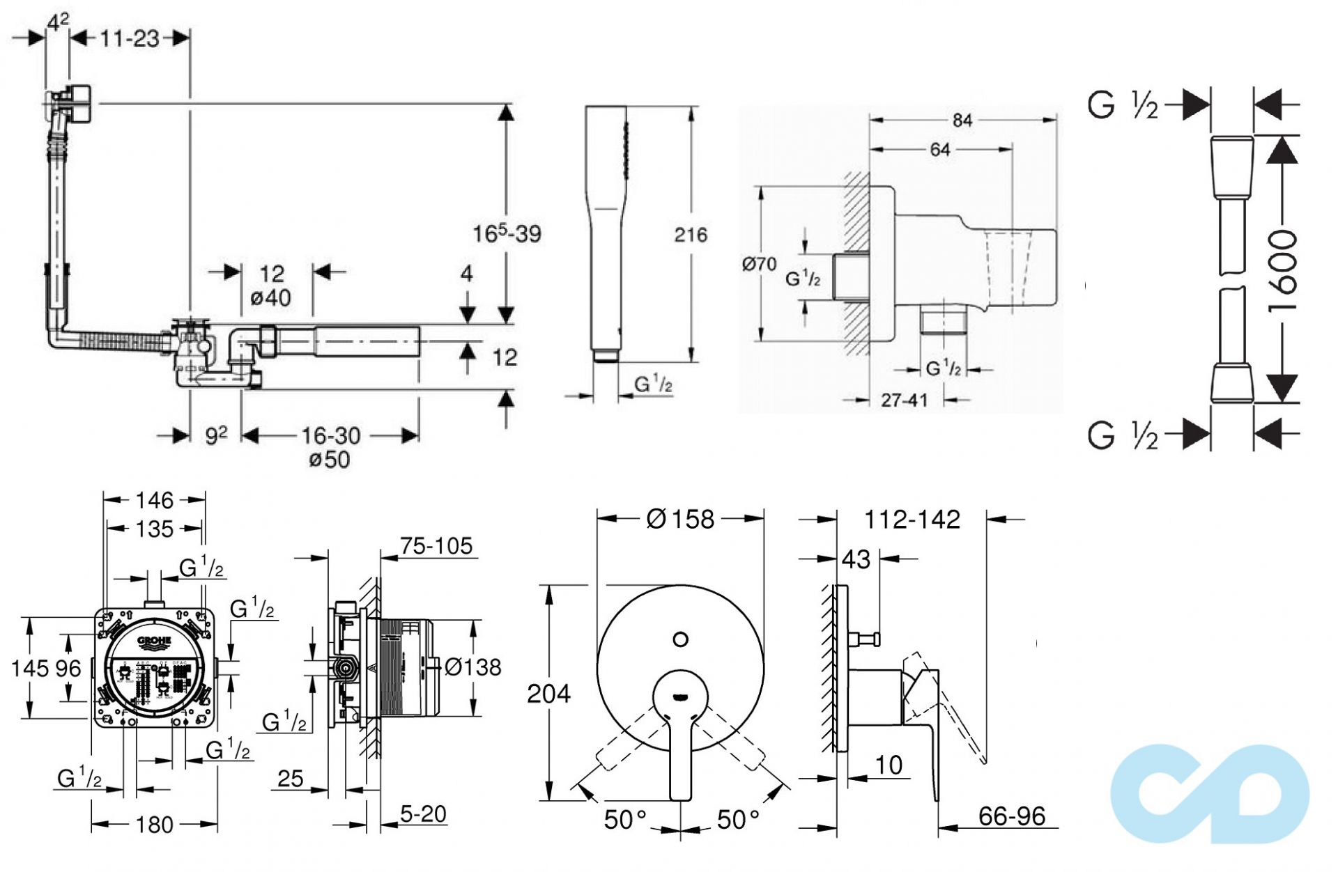креслення Душова система Grohe Lineare 240640S1