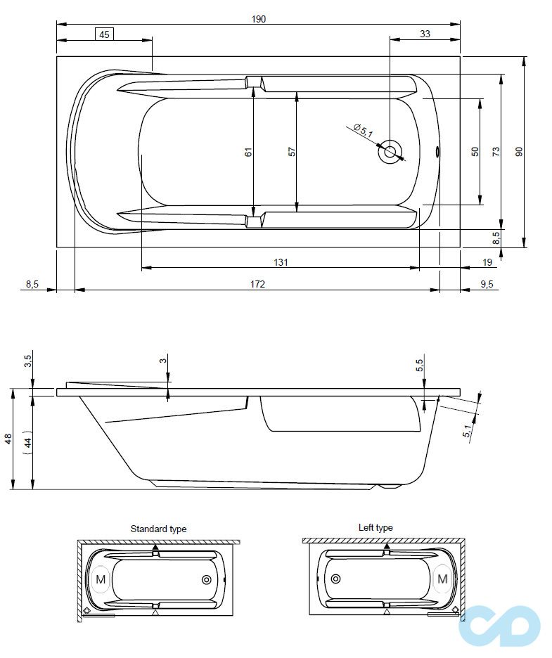 чертеж Ванна акриловая Riho Future XL BC32