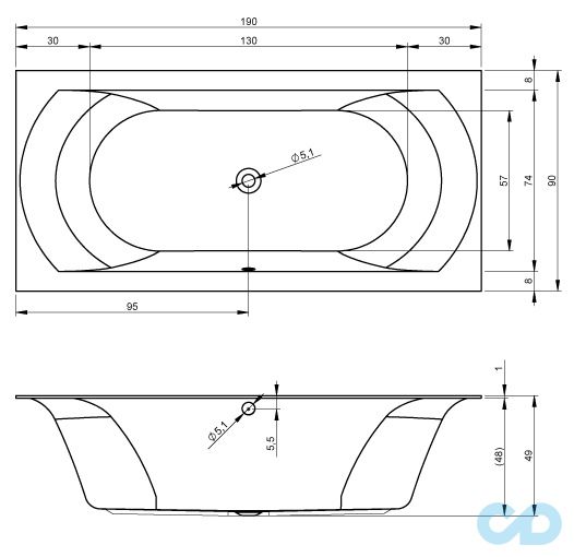 креслення Ванна акрилова Riho Linares 190x90 BT48