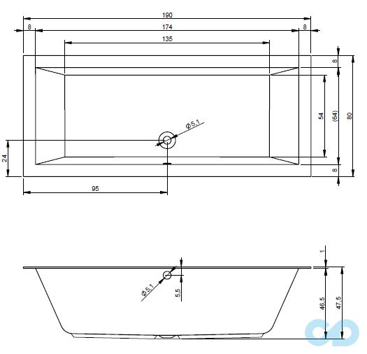 чертеж Ванна акриловая Riho Lugo 190x80 BT04
