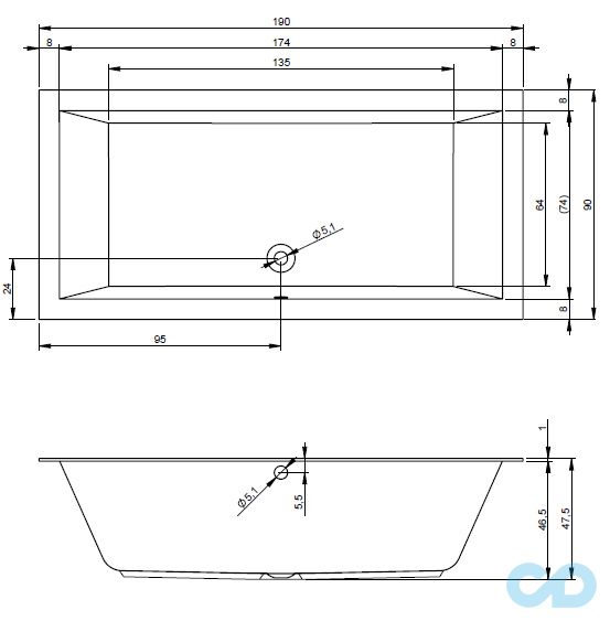 чертеж Ванна акриловая Riho Lugo 190x90 BT05