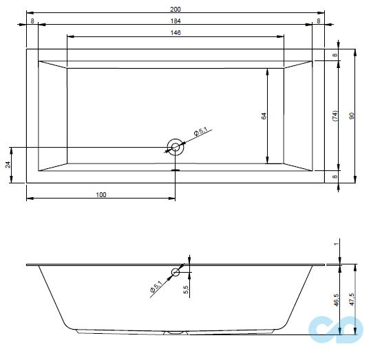 чертеж Ванна акриловая Riho Lugo 200x90 BT06