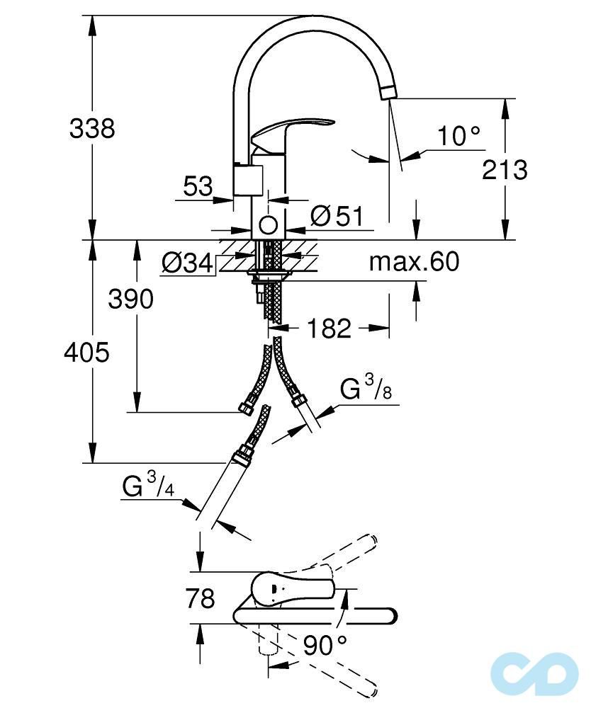 креслення Кухонний змішувач Grohe Eurosmart 33490002