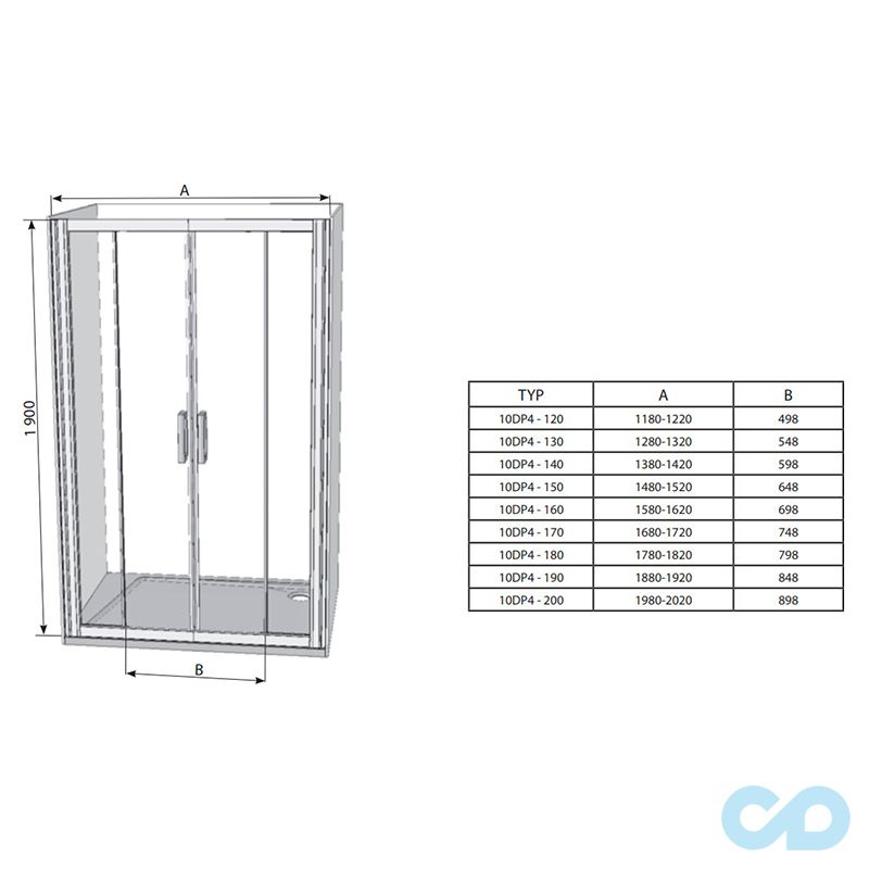 креслення Душові двері Ravak 10 ° 10DP4-120 0ZKG0100Z1 білий + transparent