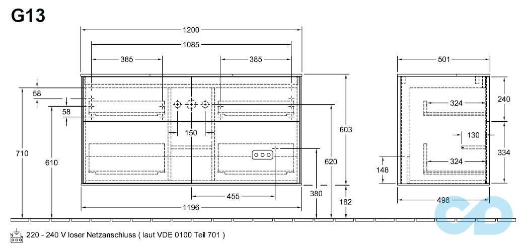 технічна схема Тумба під раковину Villeroy & Boch Finion G13