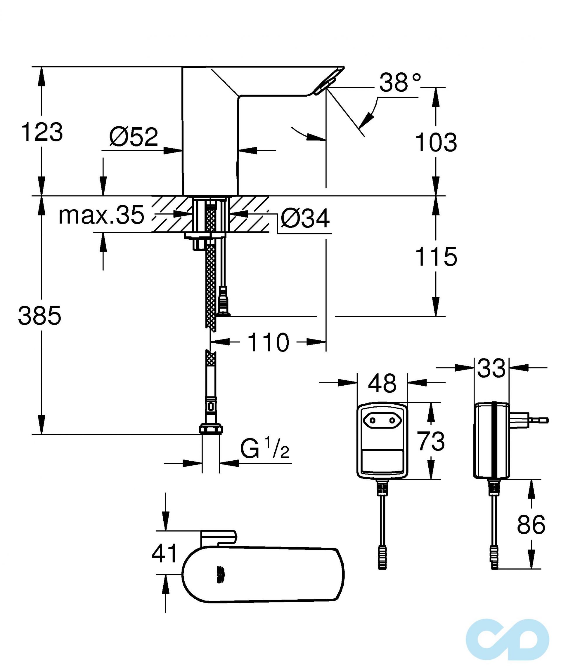 креслення Змішувач безконактний для раковини Grohe BauCosmopolitan E 36453000