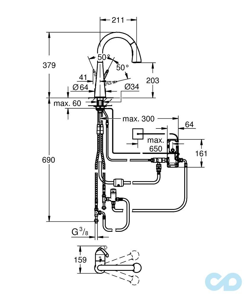 креслення Змішувач для кухні Grohe Zedra Touch 30219001