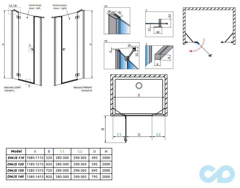 креслення Душові двері Radaway Essenza New Black DWJS 120 R 385031-54-01R